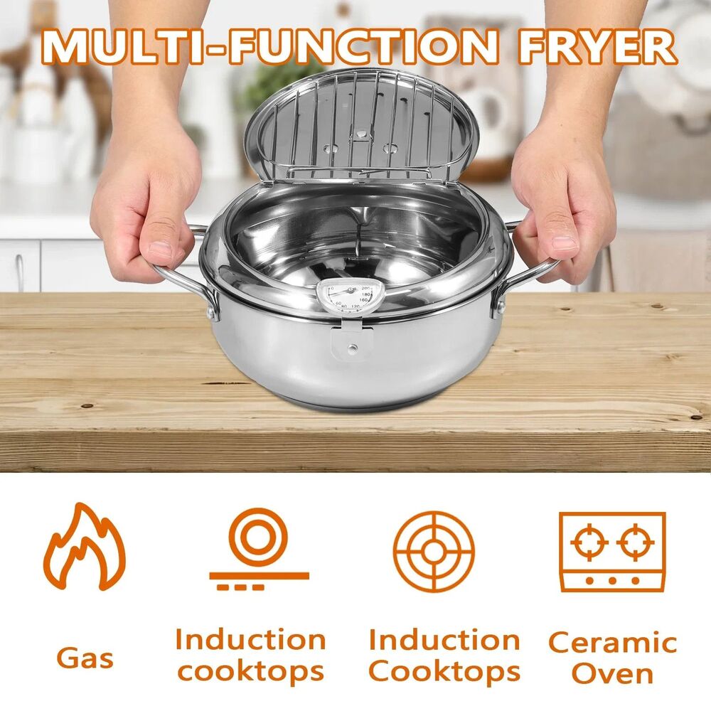 Deep Fryer Pot, 9 inch Stainless Steel W/ Thermometer & Lid, Deep Frying Pan - Picture 2 of 6